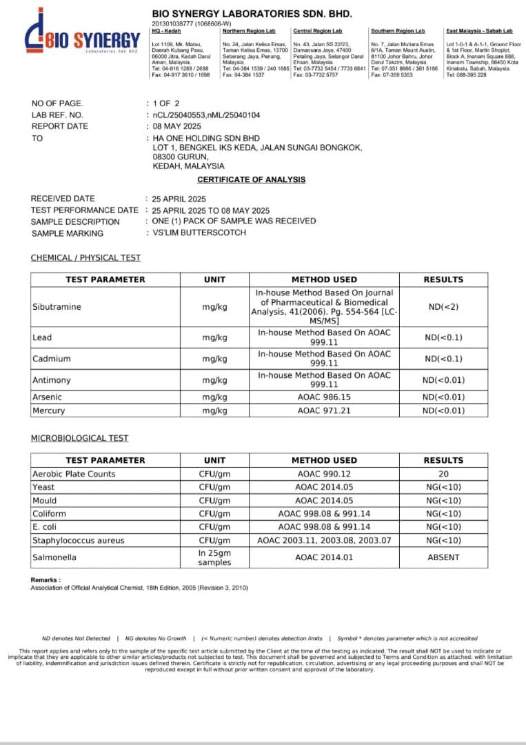 Kelulusan Labtest VSlim - Butterscotch (Bio Synergy)